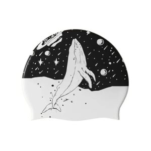 Silicone Swim Cap for Long Hair, Whale Print, Stretchy, Adult