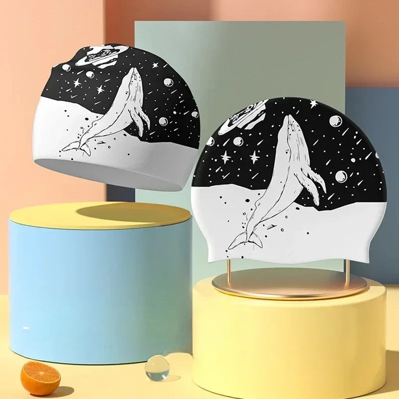 Silicone Swim Cap for Long Hair, Whale Print, Stretchy, Adult - Image 2