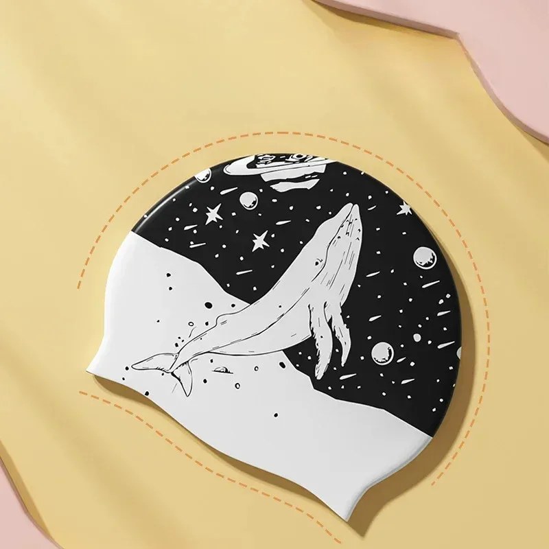 Silicone Swim Cap for Long Hair, Whale Print, Stretchy, Adult - Image 4